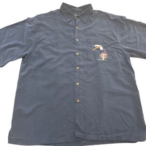 Bamboo Cay Mens XL Toucan Lounge Embroidered Silk Blend Camp Shirt Navy Blue